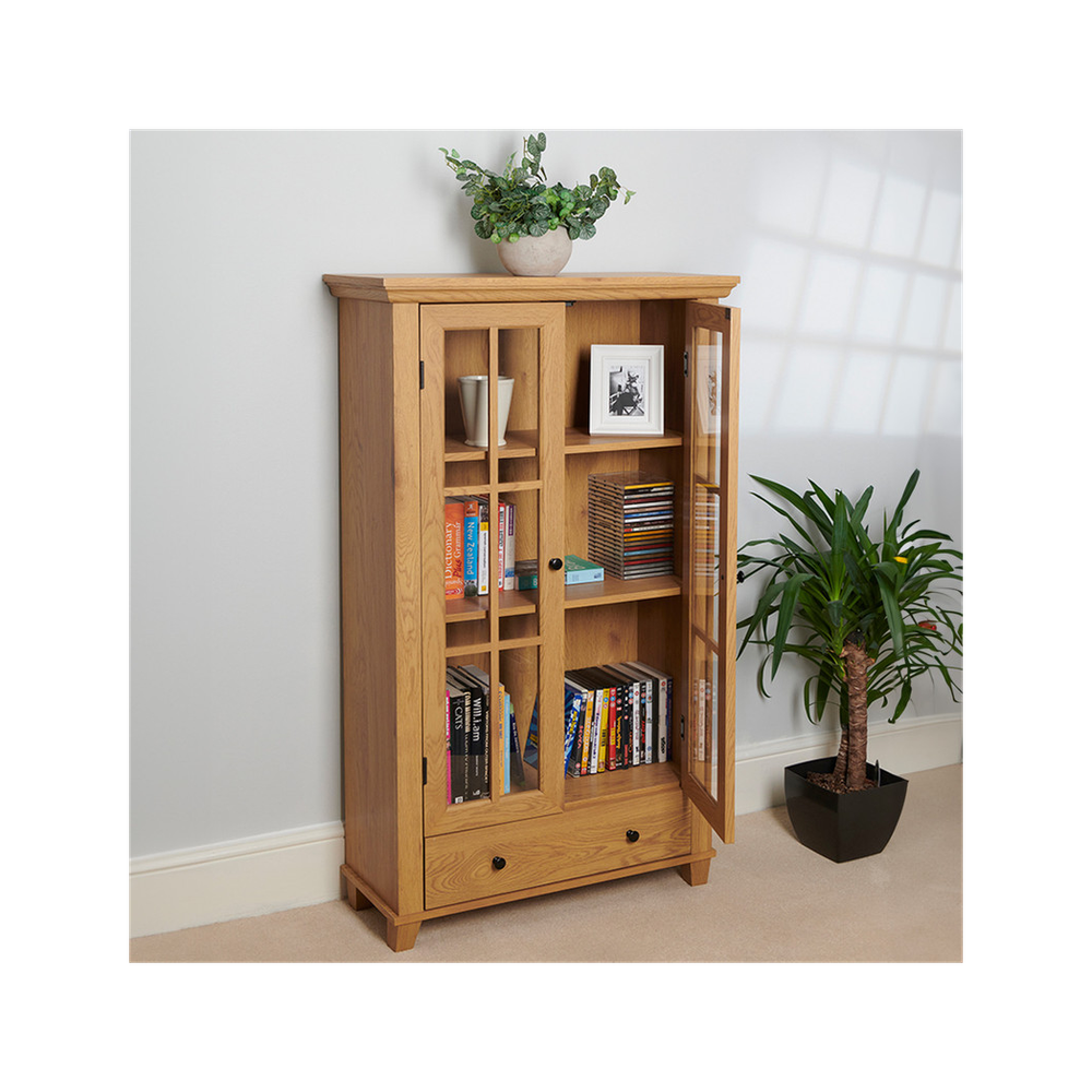 Greenhurst Greenhurst Display Cabinet, Media Storage with Shelving and Drawer, Double Perspex Doors H132.5 W76cm D30cm (Oak) - Uncategorized Display Cabinet