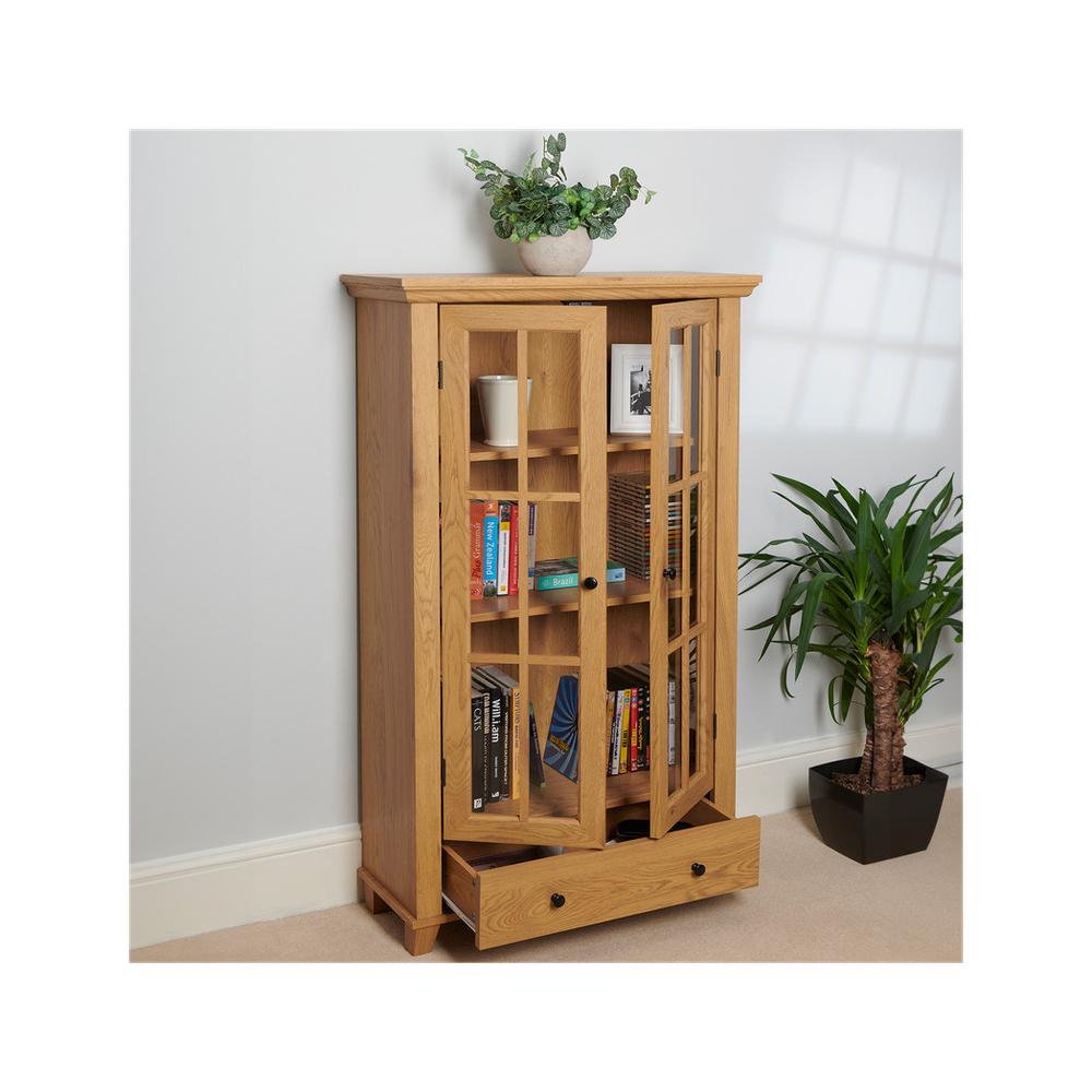 Greenhurst Greenhurst Display Cabinet, Media Storage with Shelving and Drawer, Double Perspex Doors H132.5 W76cm D30cm (Oak) - Uncategorized Display Cabinet