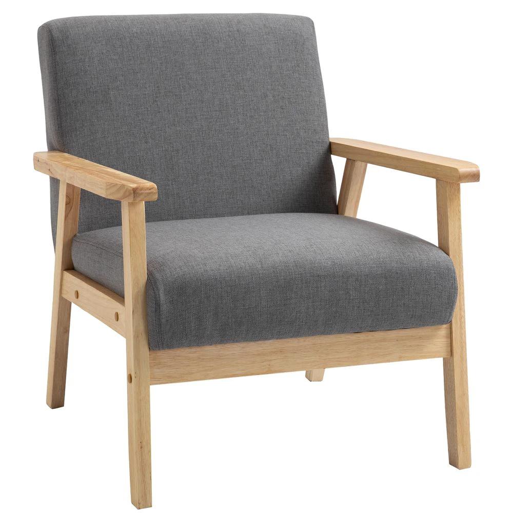 Linen Upholstered Pine Wood Accent Armchair Grey/Oak by HOMCOM