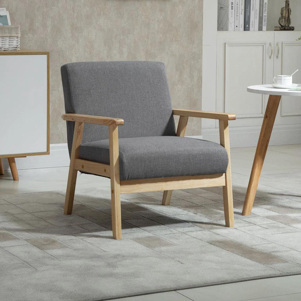Linen Upholstered Pine Wood Accent Armchair Grey/Oak by HOMCOM