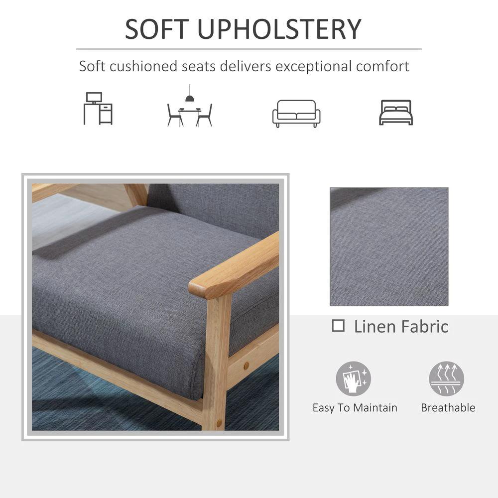 Linen Upholstered Pine Wood Accent Armchair Grey/Oak by HOMCOM