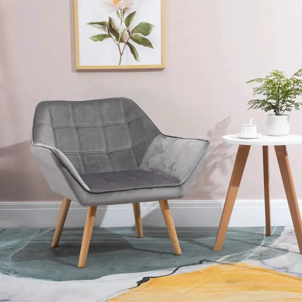 Luxe Velvet-Feel Accent Chair w/ Wide Arms Slanted Back Padding Wood Legs Grey by HOMCOM