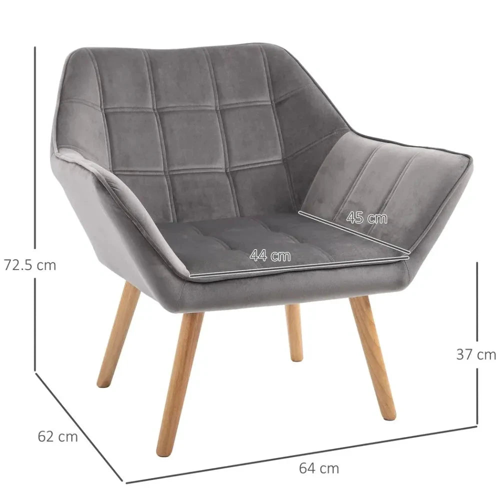 Luxe Velvet-Feel Accent Chair w/ Wide Arms Slanted Back Padding Wood Legs Grey by HOMCOM