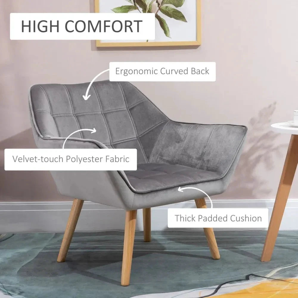 Luxe Velvet-Feel Accent Chair w/ Wide Arms Slanted Back Padding Wood Legs Grey by HOMCOM