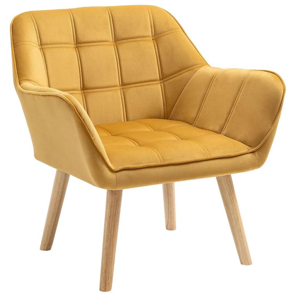 Luxe Velvet-Feel Accent Chair w/ Wide Arms Slanted Back Padding Wood Legs Yellow by HOMCOM