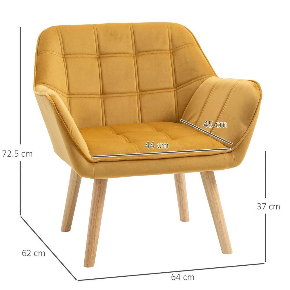 Luxe Velvet-Feel Accent Chair w/ Wide Arms Slanted Back Padding Wood Legs Yellow by HOMCOM