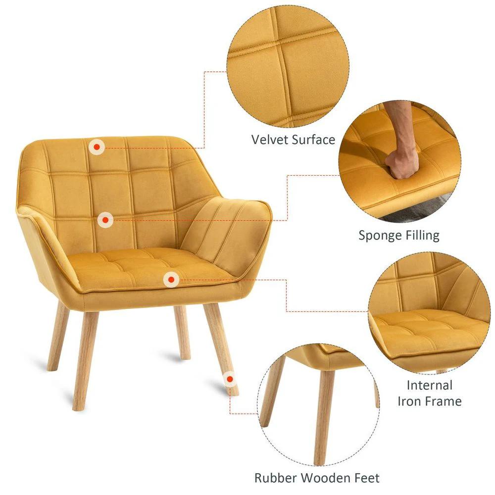 Luxe Velvet-Feel Accent Chair w/ Wide Arms Slanted Back Padding Wood Legs Yellow by HOMCOM