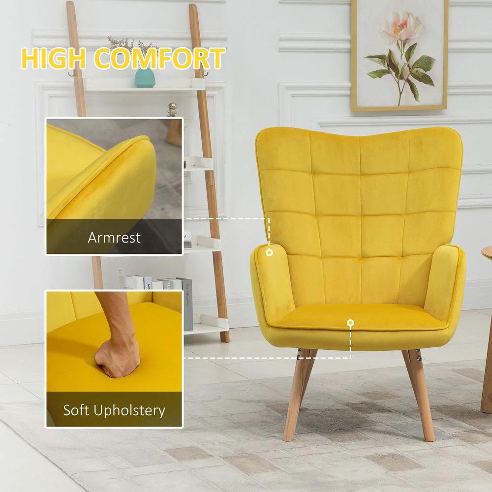 Modern Accent Chair Velvet-Touch Tufted Wingback Armchair, Yellow by HOMCOM