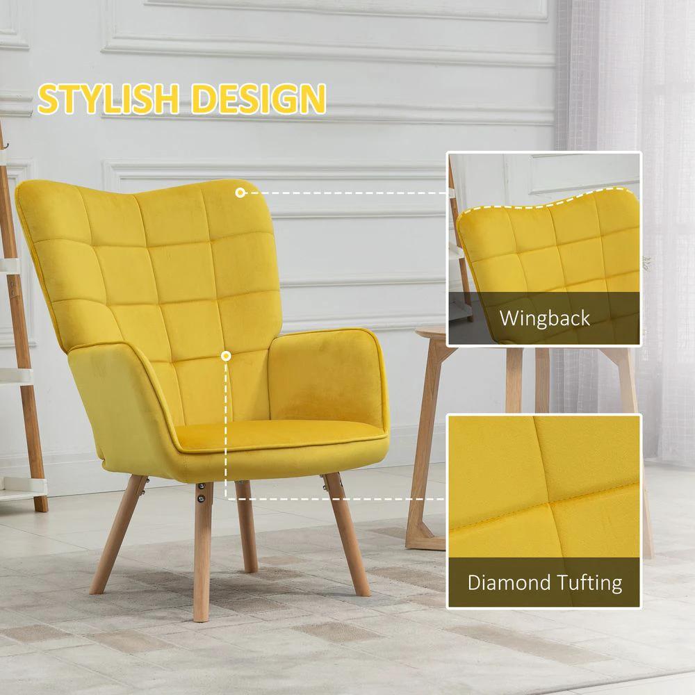 Modern Accent Chair Velvet-Touch Tufted Wingback Armchair, Yellow by HOMCOM