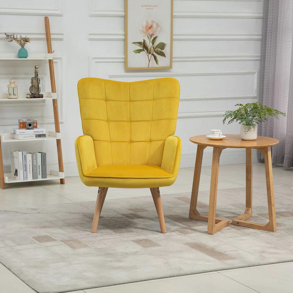 Modern Accent Chair Velvet-Touch Tufted Wingback Armchair, Yellow by HOMCOM