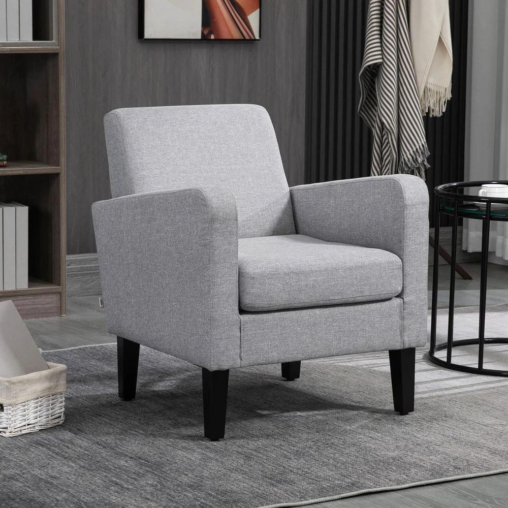 Modern Armchair Accent Chair with Rubber Wood Legs for Bedroom Light Grey by HOMCOM