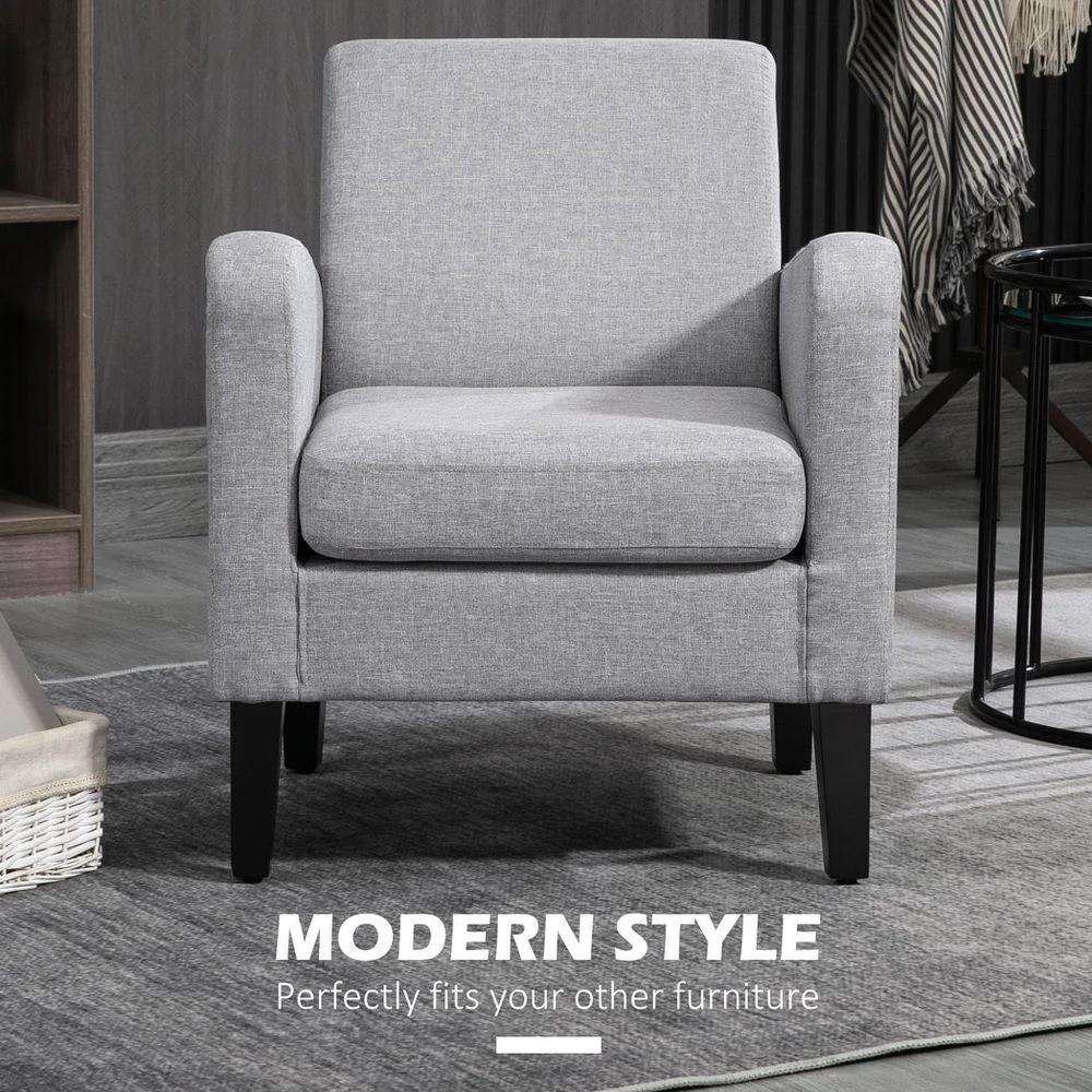 Modern Armchair Accent Chair with Rubber Wood Legs for Bedroom Light Grey by HOMCOM