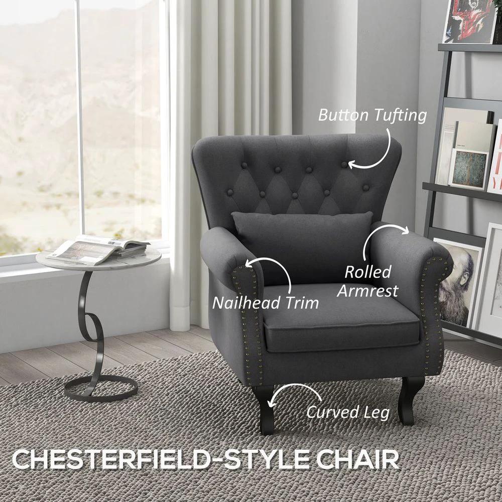 Vintage Armchair Wingback Accent Chair with Naihead Trim Dark Grey by HOMCOM