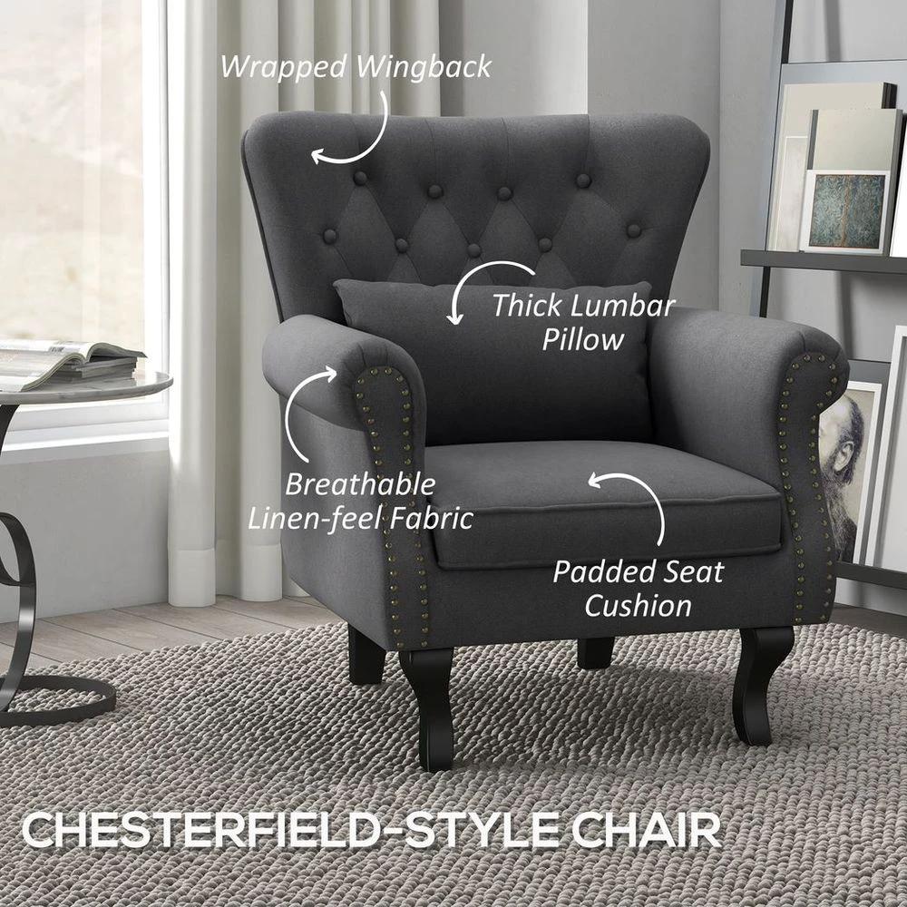Vintage Armchair Wingback Accent Chair with Naihead Trim Dark Grey by HOMCOM