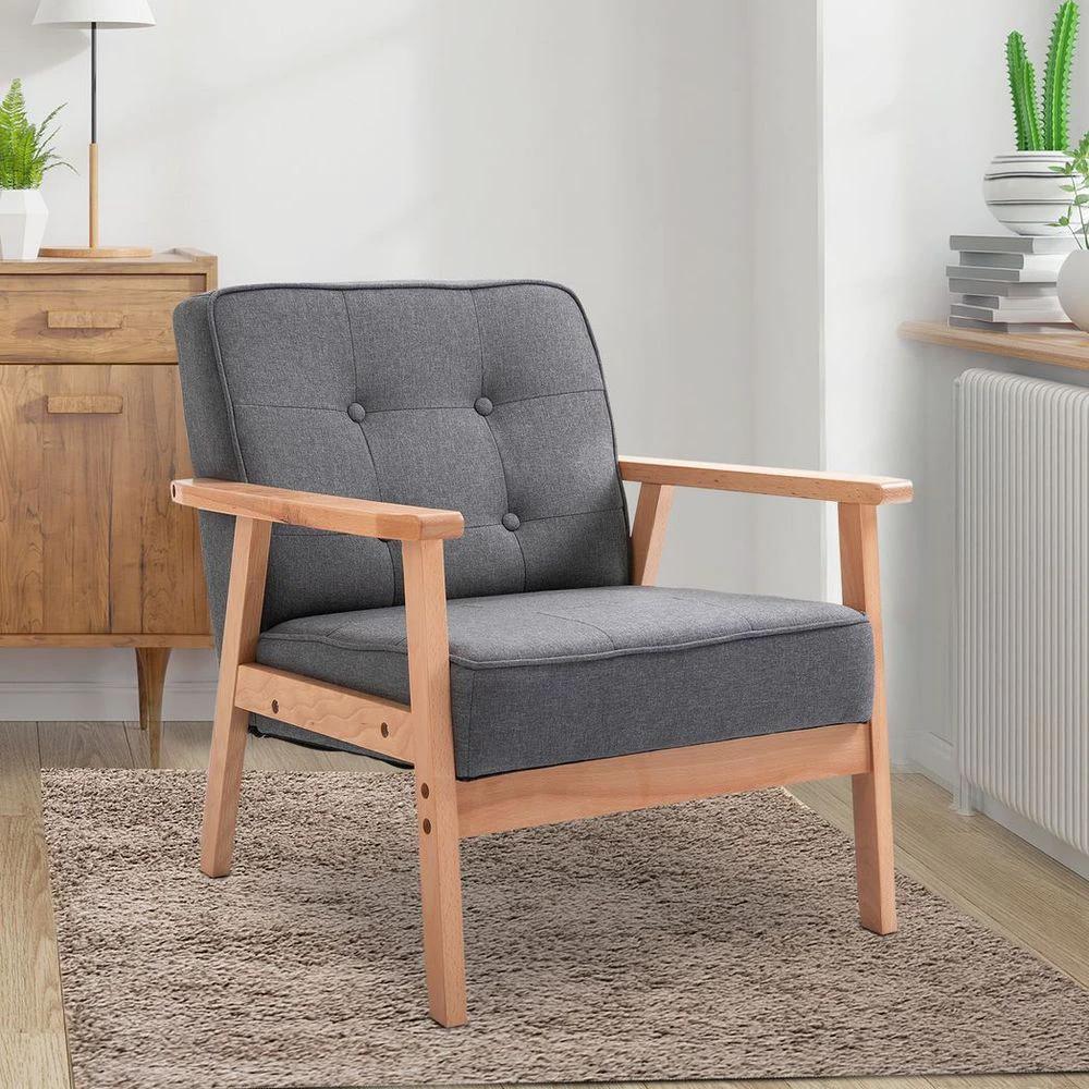 Retro Single Sofa Armchair Beech Wood Frame Padded Cushion Linen Fabric Grey by HOMCOM