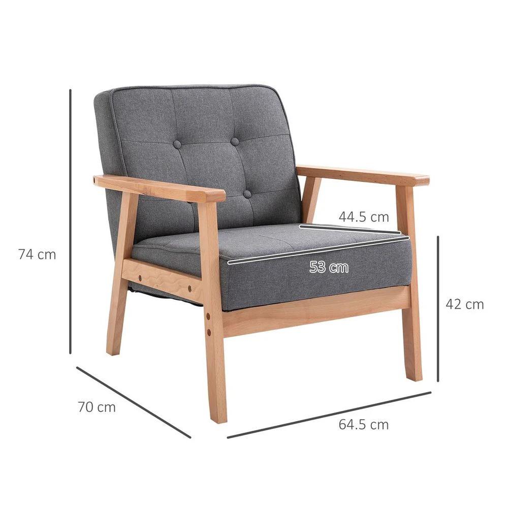 Retro Single Sofa Armchair Beech Wood Frame Padded Cushion Linen Fabric Grey by HOMCOM