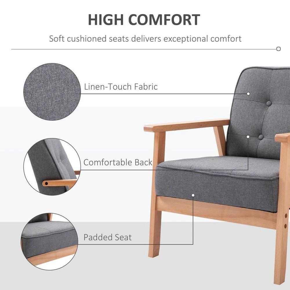 Retro Single Sofa Armchair Beech Wood Frame Padded Cushion Linen Fabric Grey by HOMCOM