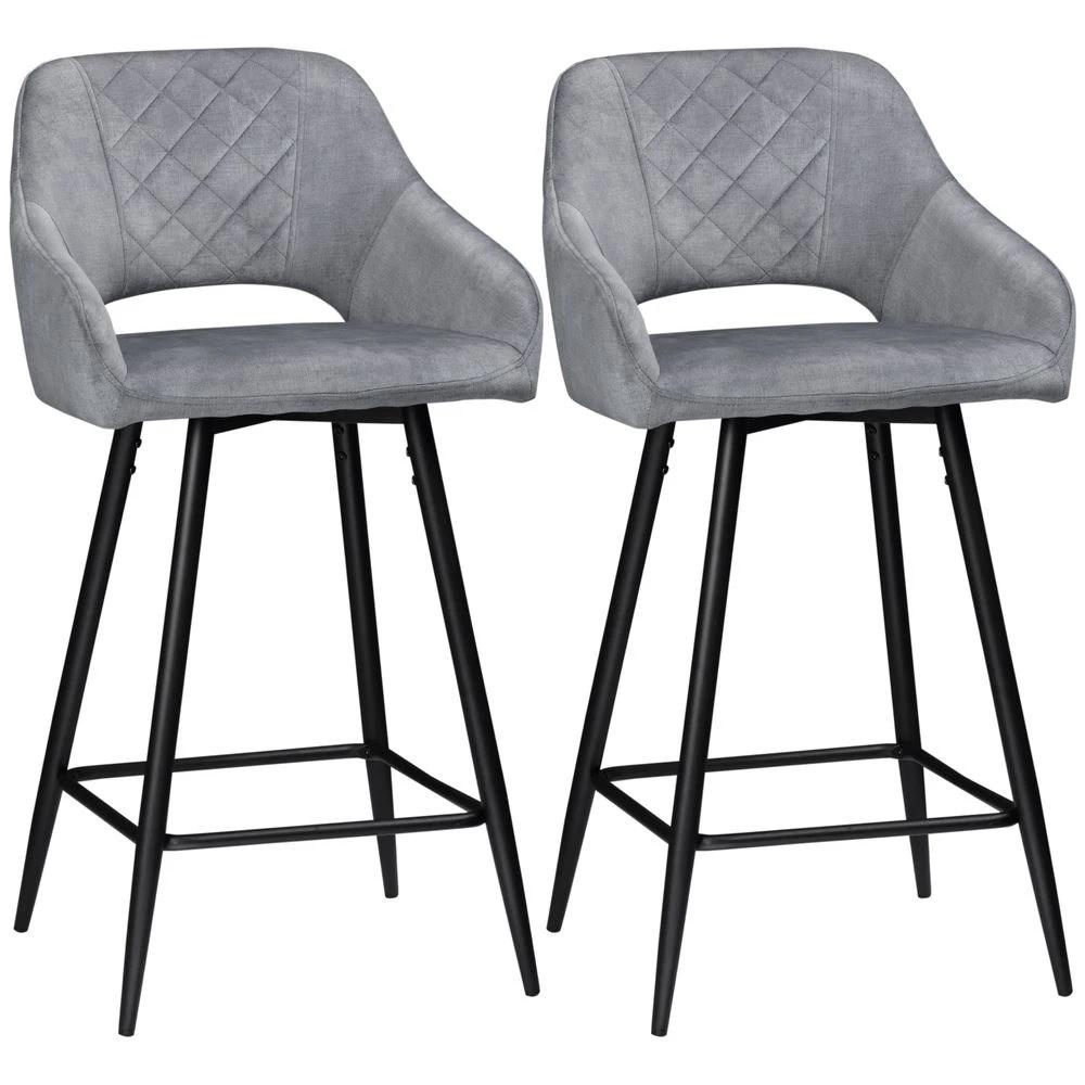 Bar Stools Set of 2, Velvet-Touch Fabric Counter Height Bar Chairs Grey by HOMCOM