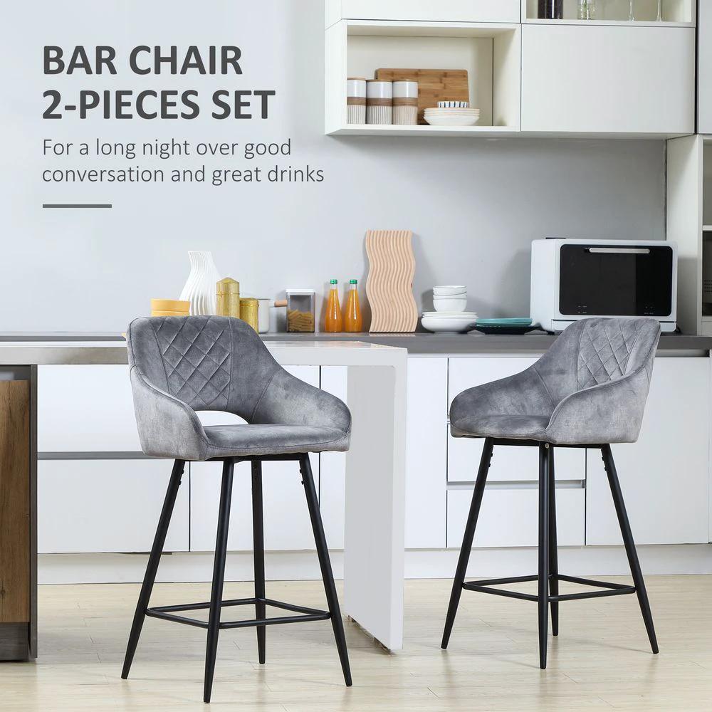 Bar Stools Set of 2, Velvet-Touch Fabric Counter Height Bar Chairs Grey by HOMCOM