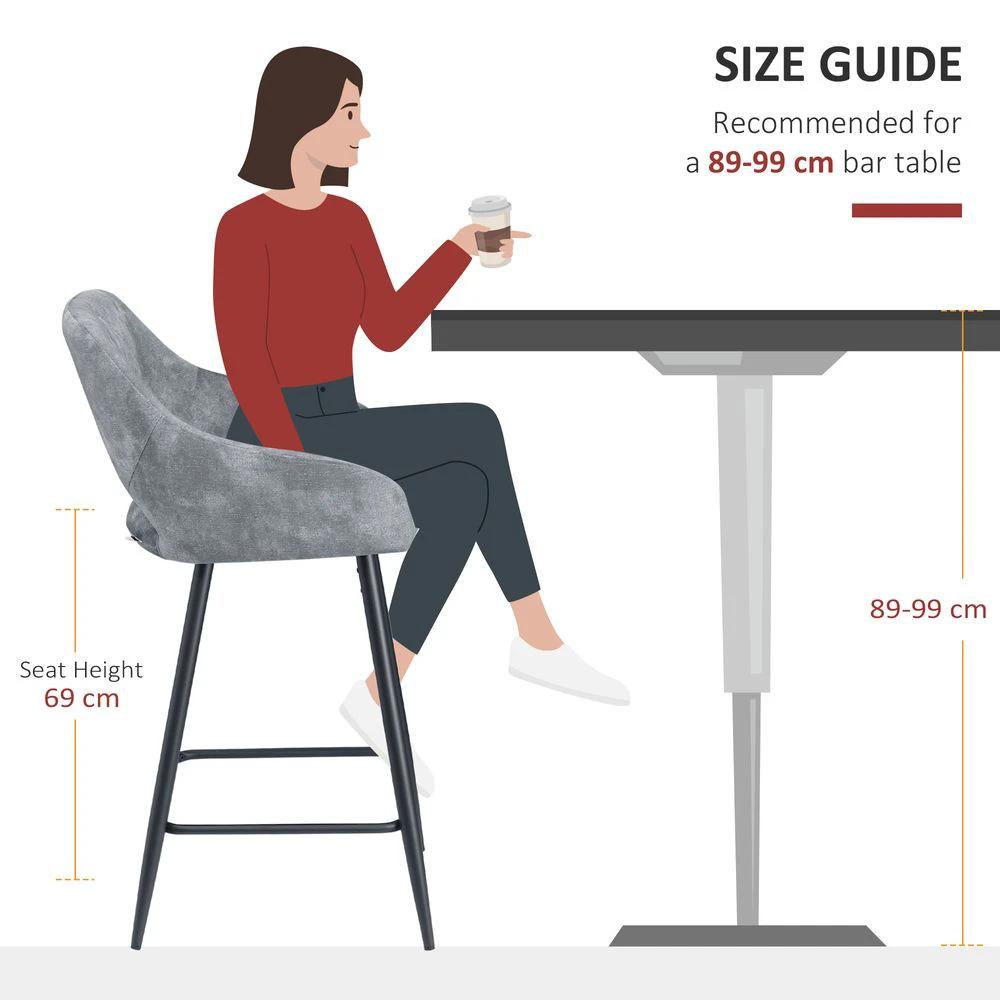 Bar Stools Set of 2, Velvet-Touch Fabric Counter Height Bar Chairs Grey by HOMCOM