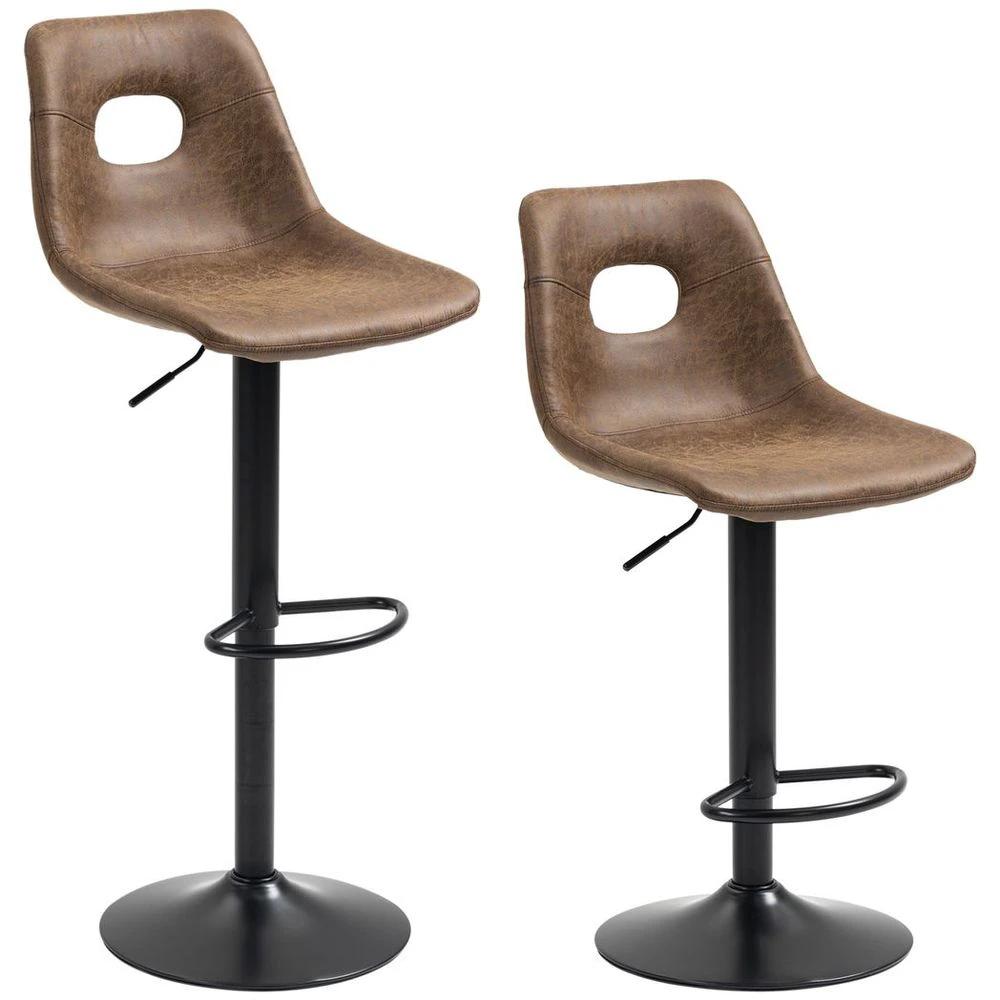 Retro Bar Stools Set of 2 Adjustable Height Swivel Leather-Like Brown by HOMCOM