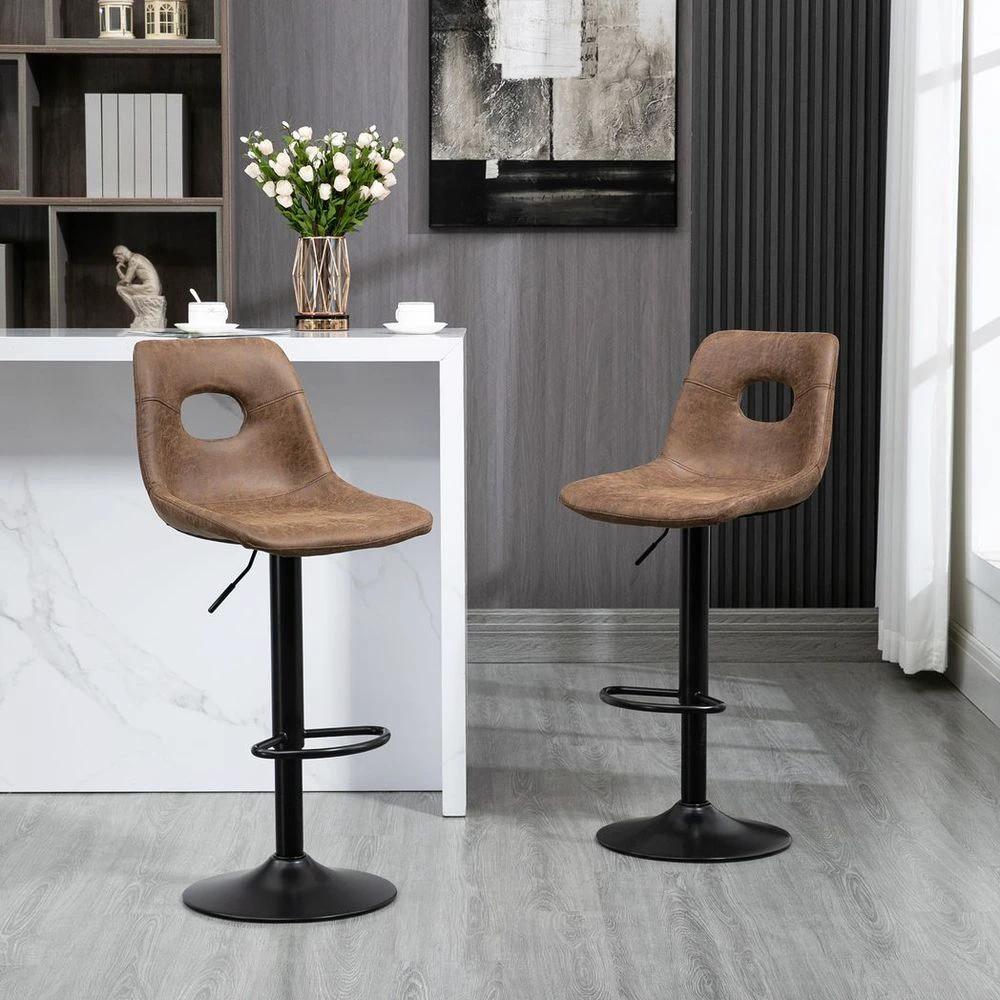 Retro Bar Stools Set of 2 Adjustable Height Swivel Leather-Like Brown by HOMCOM