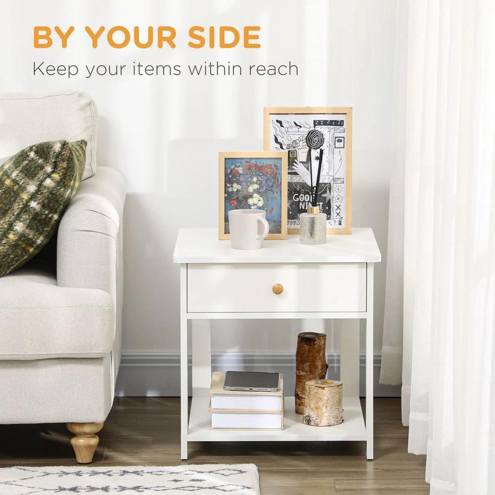 Bedroom Bedside Table, Sofa Side Table with Drawer and Shelf, White by HOMCOM