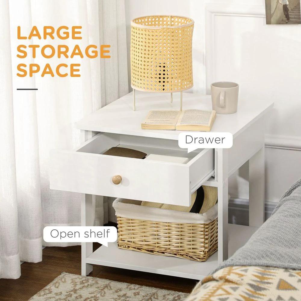 Bedroom Bedside Table, Sofa Side Table with Drawer and Shelf, White by HOMCOM