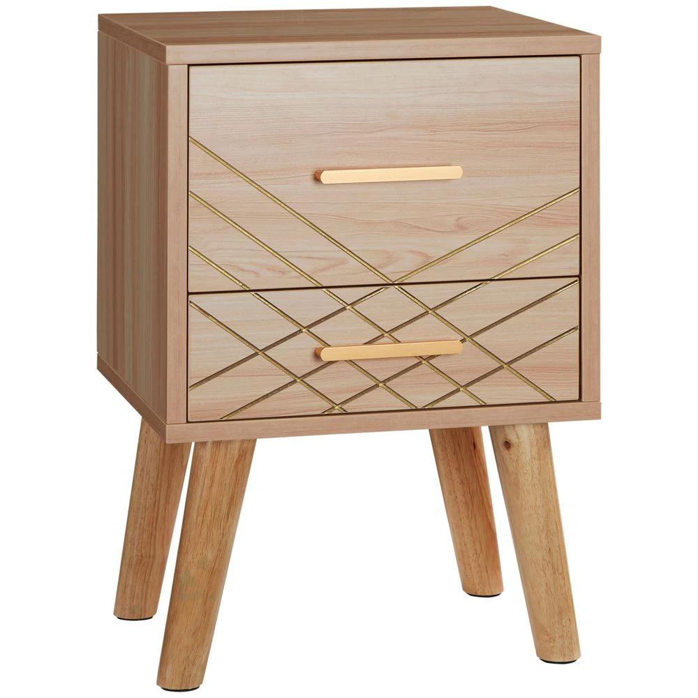 Bedside Cabinet, Nordic Bedside Table with 2 Drawers Wood Legs, Natural by HOMCOM