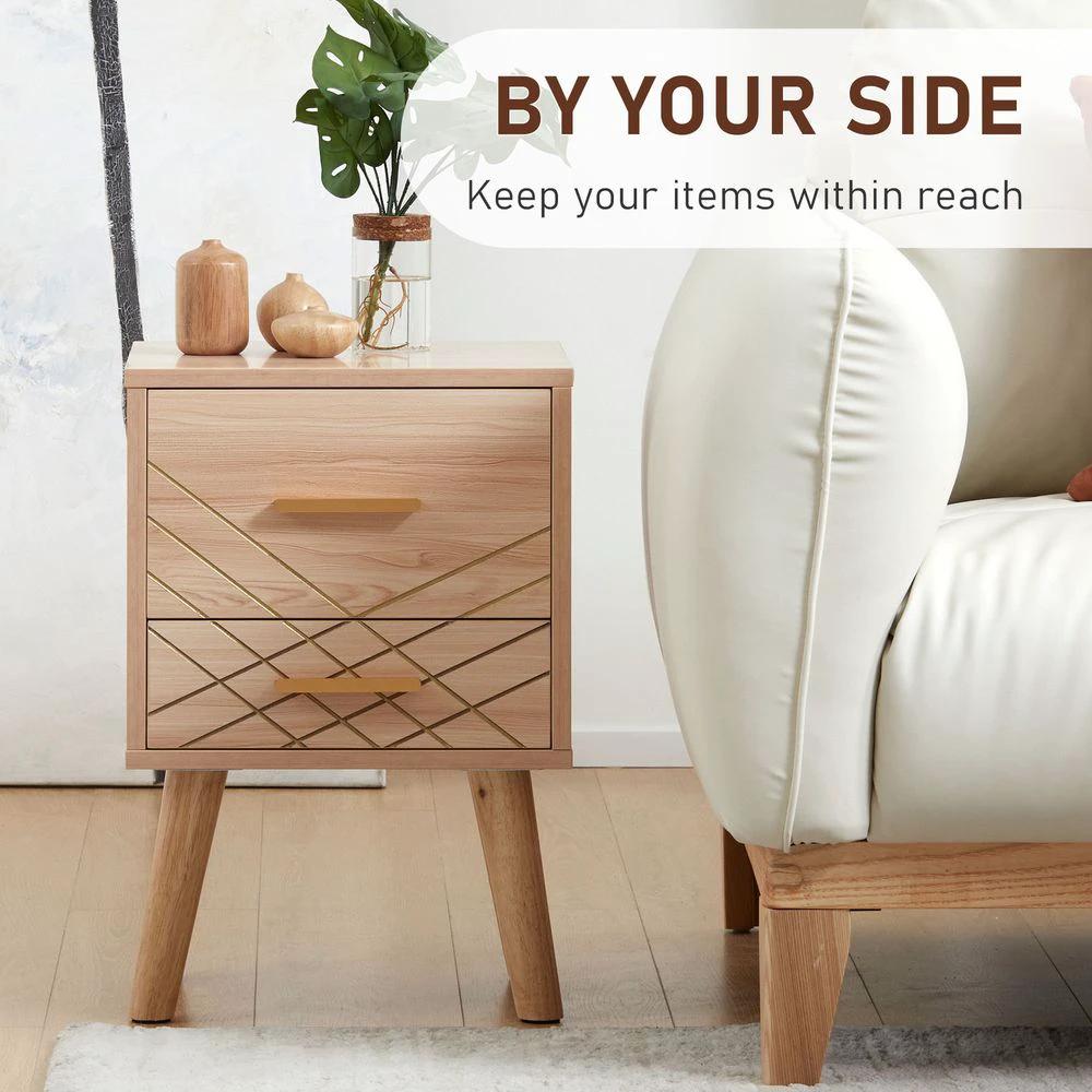 Bedside Cabinet, Nordic Bedside Table with 2 Drawers Wood Legs, Natural by HOMCOM