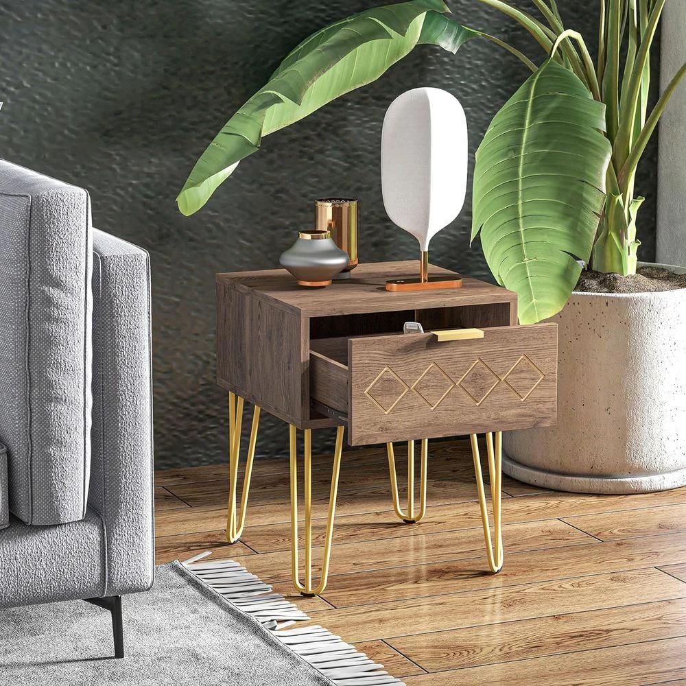 HOMCOM Bedside Table with Drawer, Gold Metal Legs for Living Room Bedroom - Nightstands Bedside Table