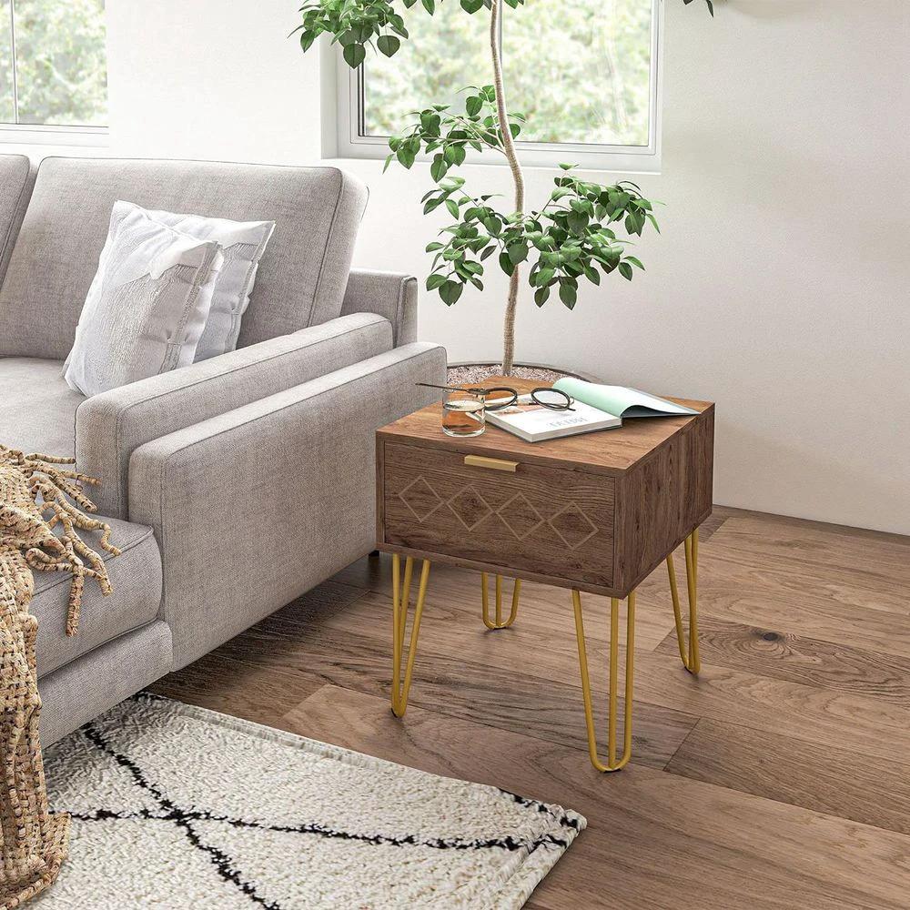 HOMCOM Bedside Table with Drawer, Gold Metal Legs for Living Room Bedroom - Nightstands Bedside Table
