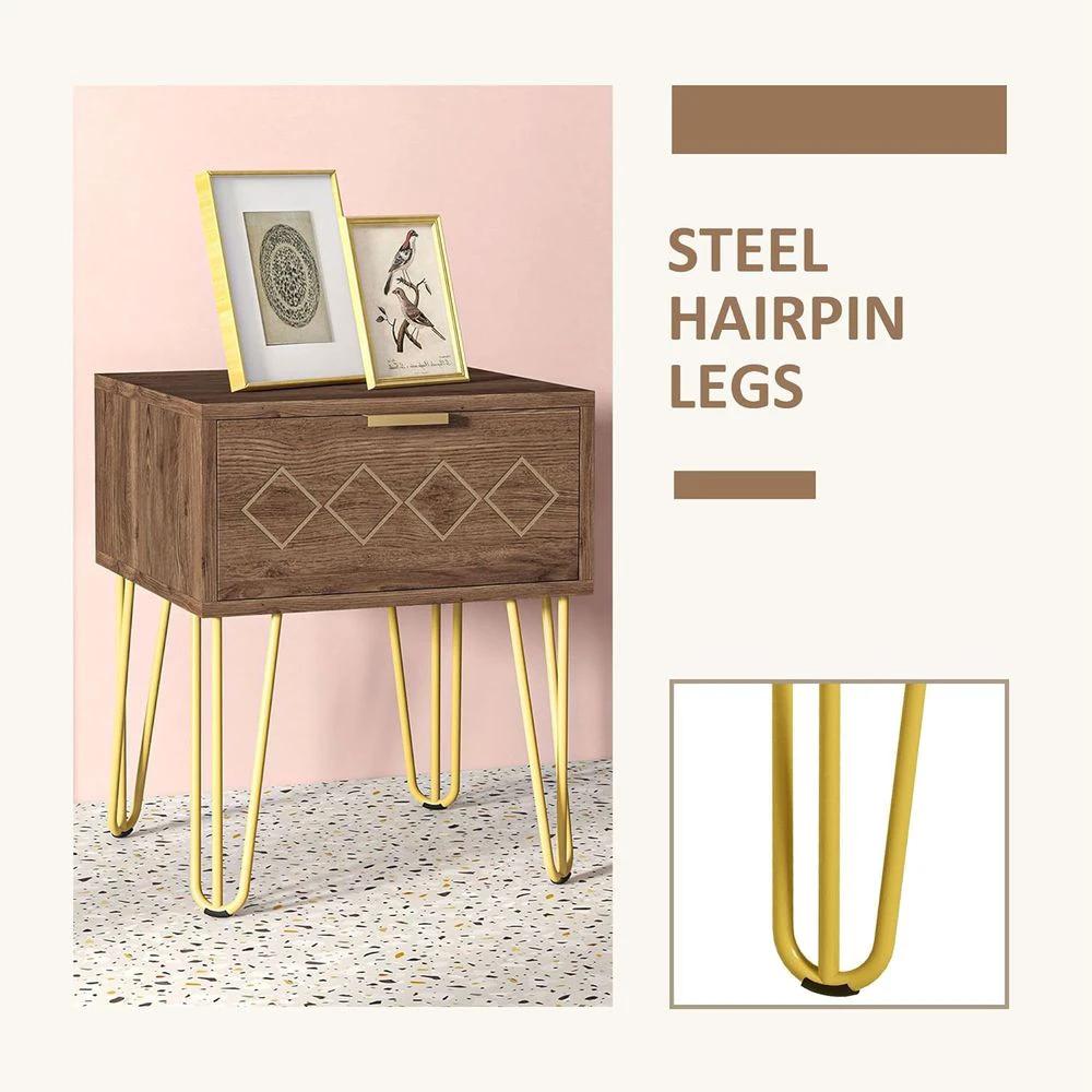 HOMCOM Bedside Table with Drawer, Gold Metal Legs for Living Room Bedroom - Nightstands Bedside Table