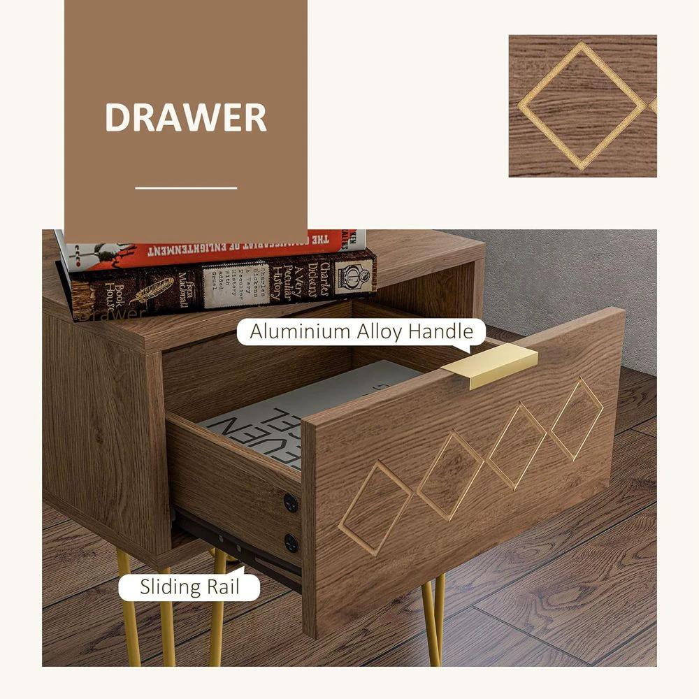 HOMCOM Bedside Table with Drawer, Gold Metal Legs for Living Room Bedroom - Nightstands Bedside Table
