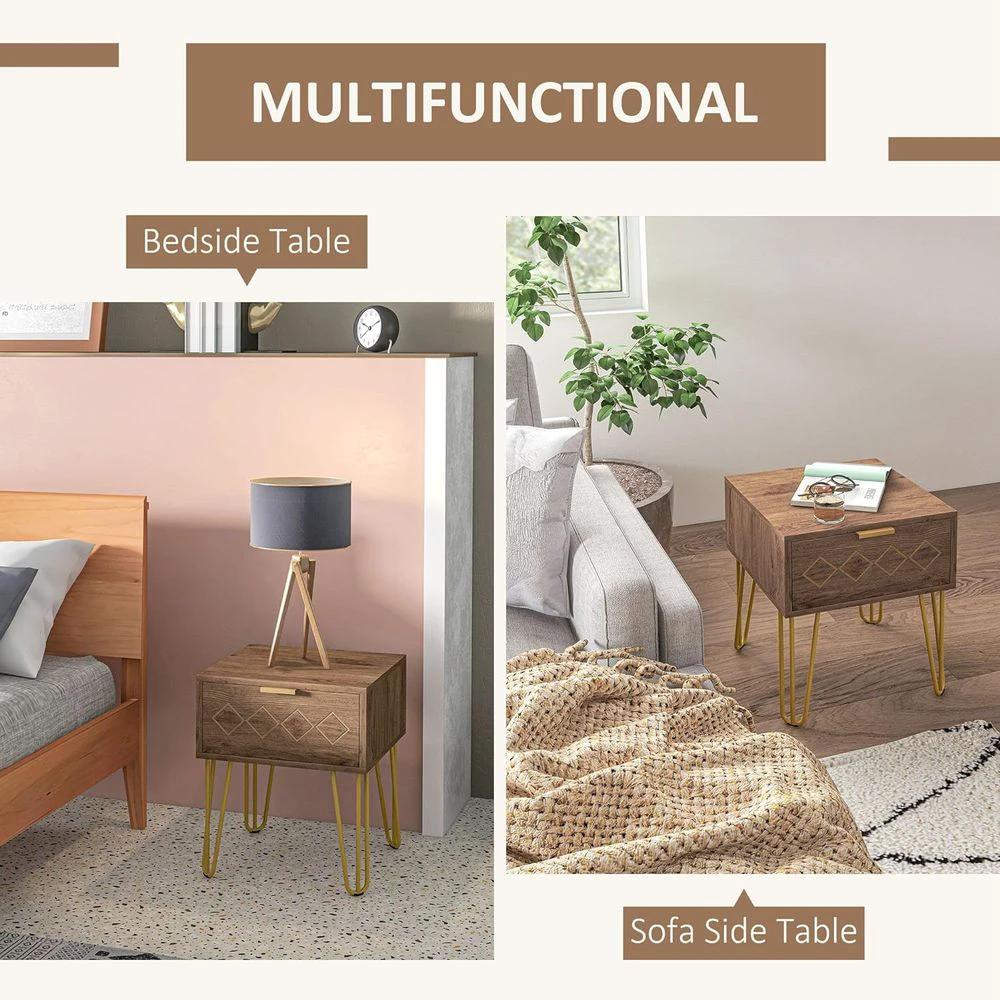 HOMCOM Bedside Table with Drawer, Gold Metal Legs for Living Room Bedroom - Nightstands Bedside Table
