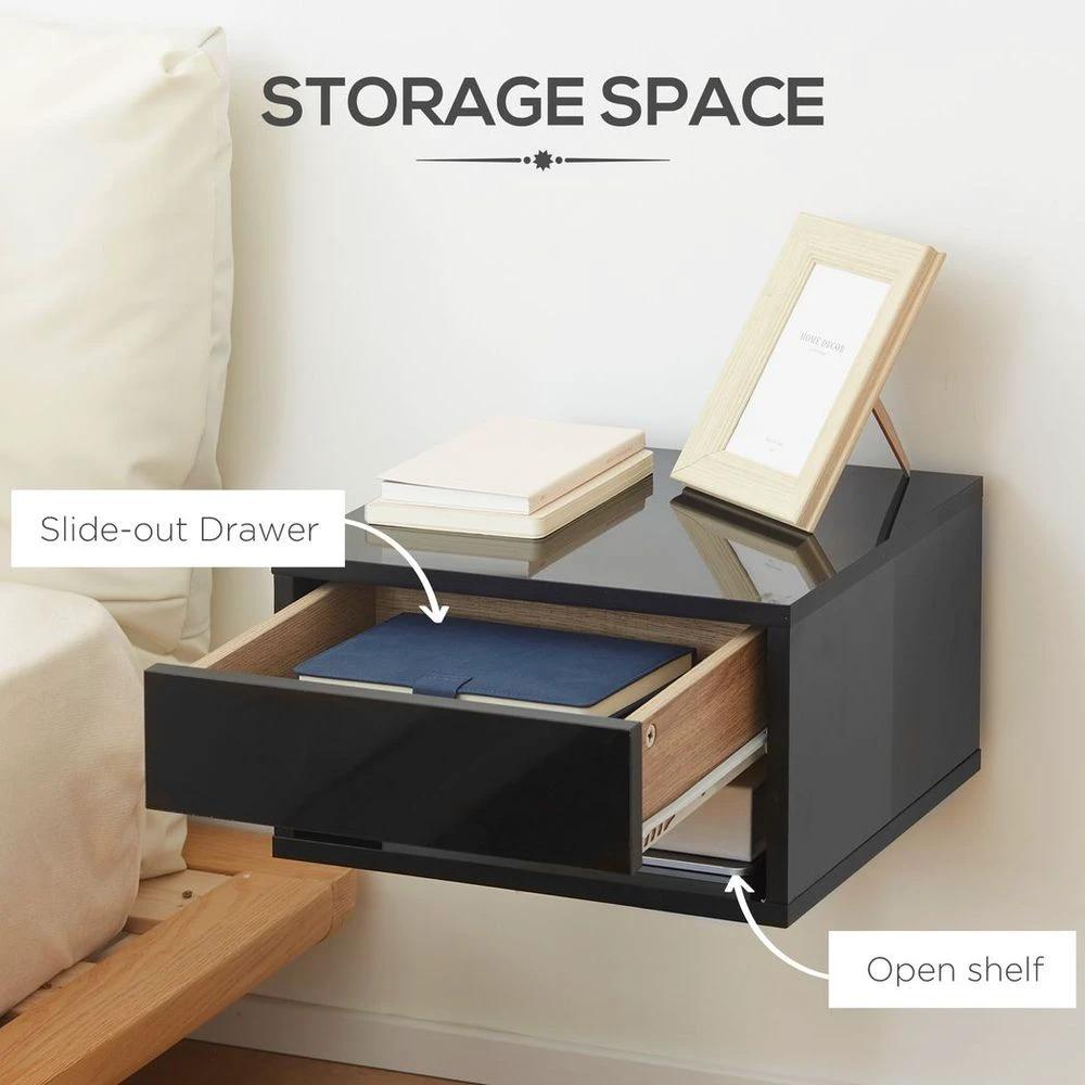 Floating Bedside Table Set of 2 Wall Mounted Nightstand W/ Drawer Black by HOMCOM