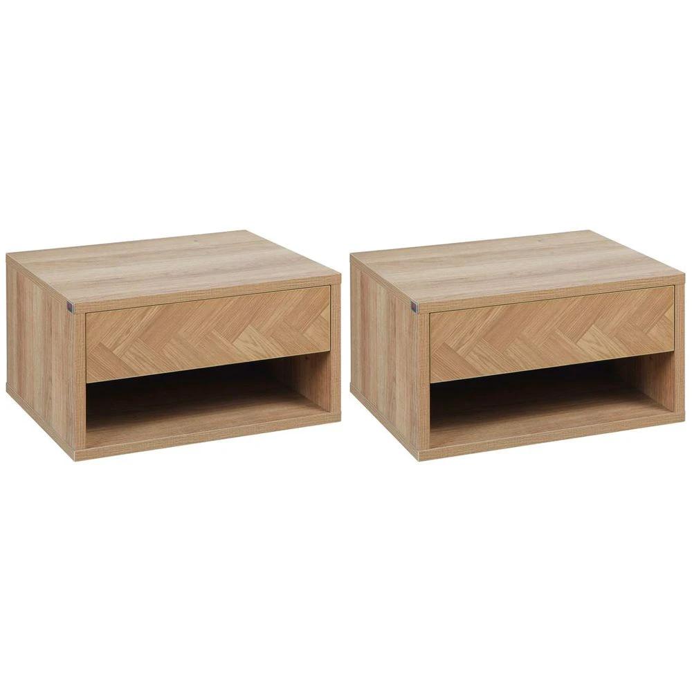 HOMCOM Floating Bedside Table Set of 2 Wall Mounted Nightstand W/ Drawer Natural - Nightstands Bedside Table