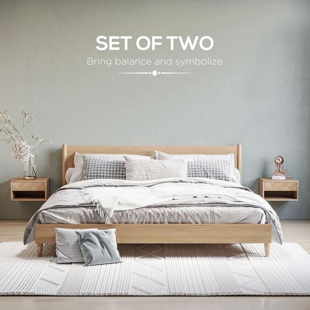 HOMCOM Floating Bedside Table Set of 2 Wall Mounted Nightstand W/ Drawer Natural - Nightstands Bedside Table