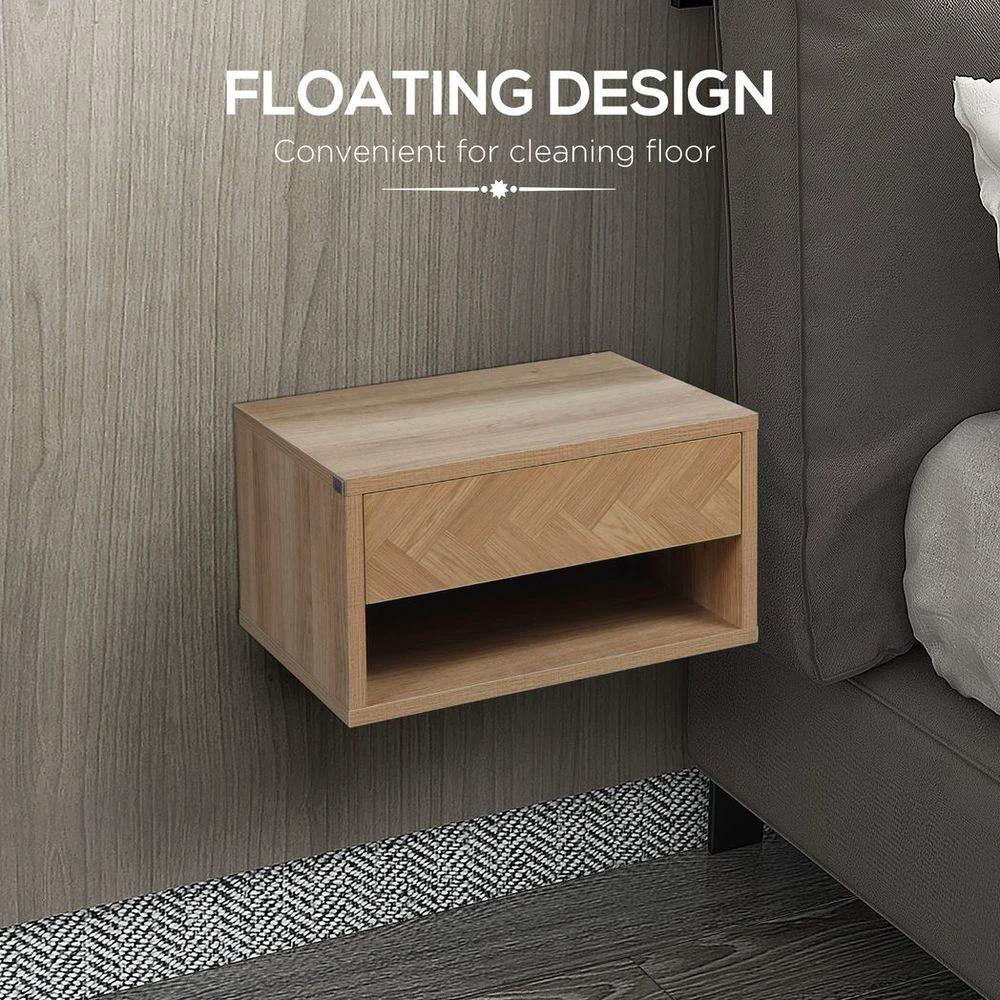 HOMCOM Floating Bedside Table Set of 2 Wall Mounted Nightstand W/ Drawer Natural - Nightstands Bedside Table