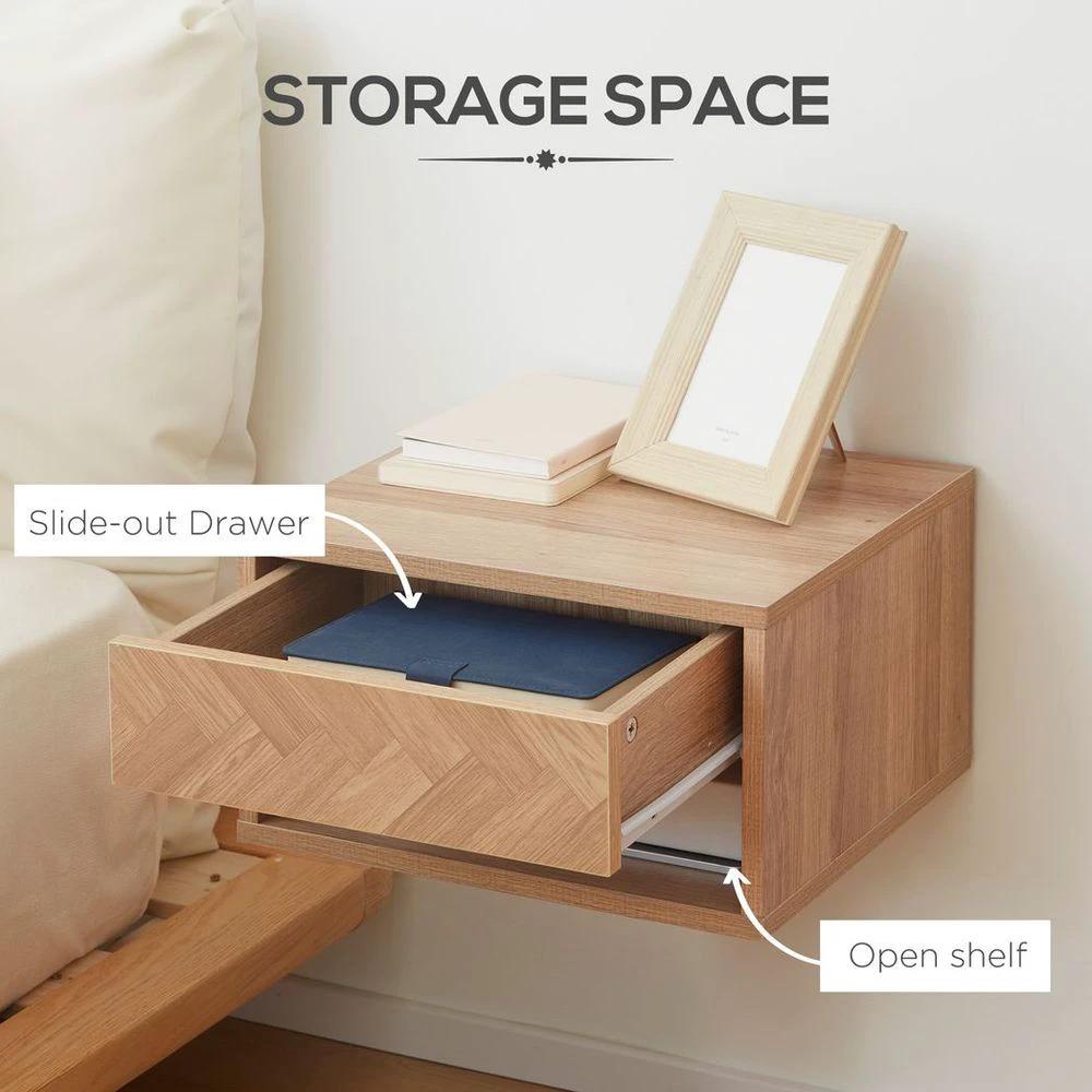 HOMCOM Floating Bedside Table Set of 2 Wall Mounted Nightstand W/ Drawer Natural - Nightstands Bedside Table