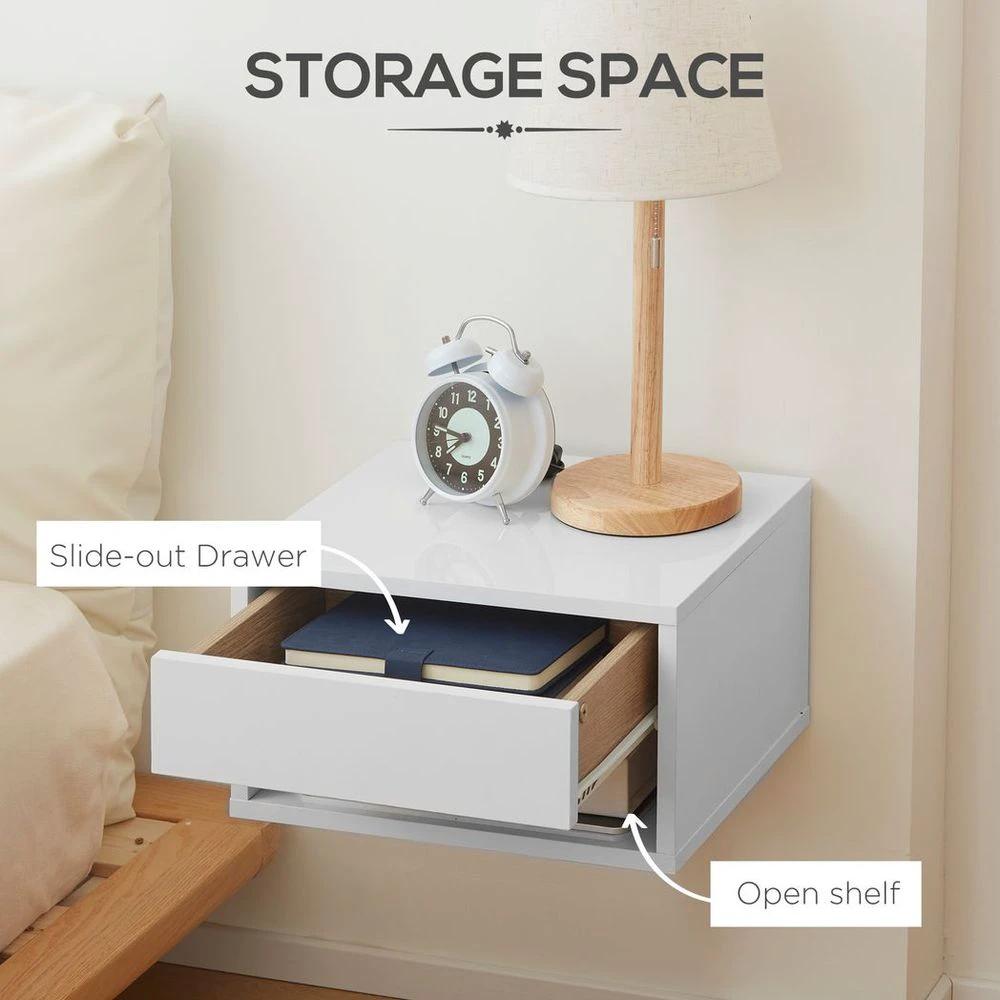 HOMCOM Floating Bedside Table Set of 2 Wall Mounted Nightstand W/ Drawer White - Nightstands Bedside Table