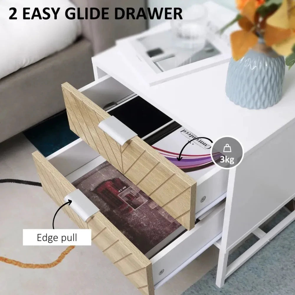 Modern Bedside Table with 2 Drawers, Sofa Side Table for Bedroom, White and Oak by HOMCOM