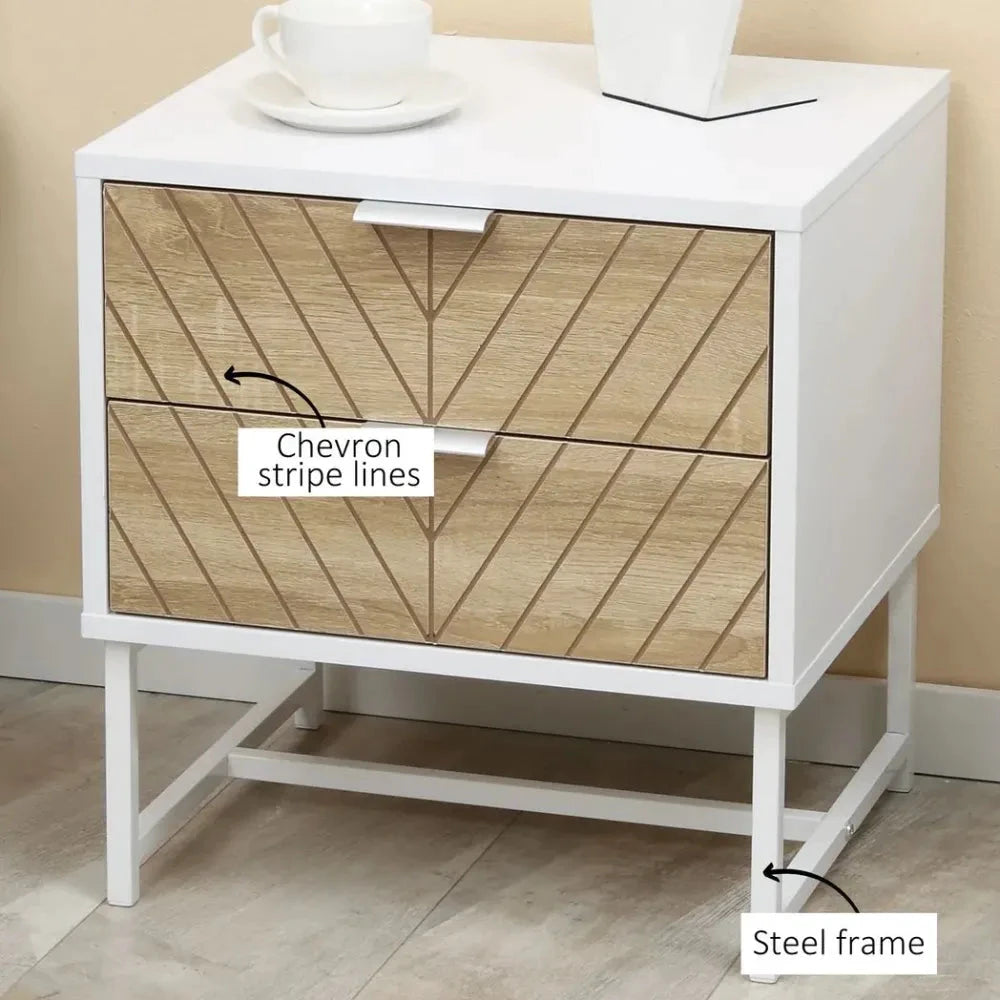 Modern Bedside Table with 2 Drawers, Sofa Side Table for Bedroom, White and Oak by HOMCOM
