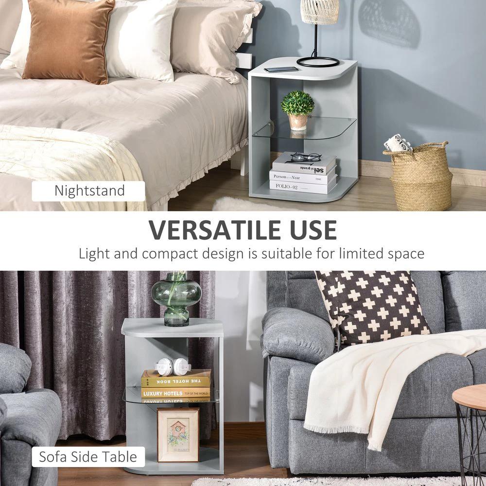 Modern Side Table Three Layer Bedside Table w/ Storage Shelves, Grey by HOMCOM