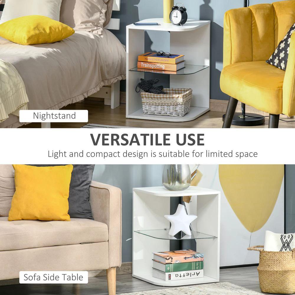 Modern Side Table Three Layer Bedside Table w/ Storage Shelves, White by HOMCOM
