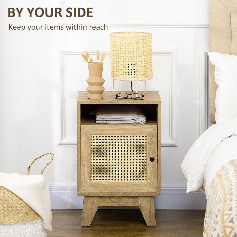 Nightstand, Bedside Table with Drawer and Shelf, End Table with Rattan Element by HOMCOM