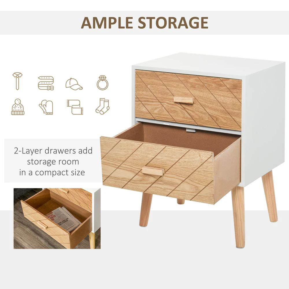 HOMCOM Nordic Style 2 Drawers Side Cabinet Wooden Bedside Table Storage Chest - Nightstands Bedside Table