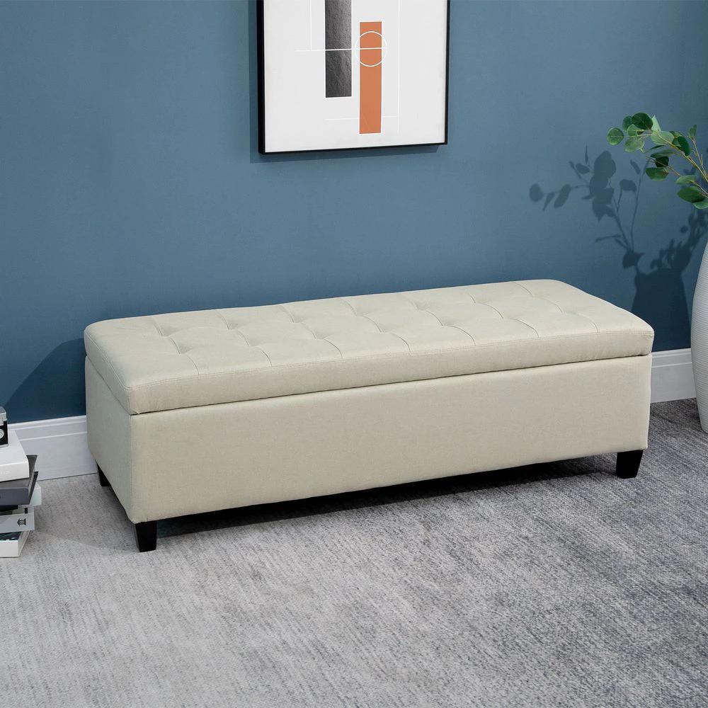 HOMCOM Linen Storage Ottoman Bench Padded w/ Tufting Hinged Lid Wood Frame Feet - Uncategorized Bench