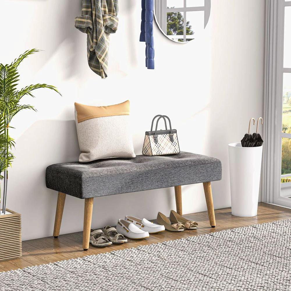 Upholstered Bed End Bench Ottoman Tufted Linen Entryway Living Room by HOMCOM
