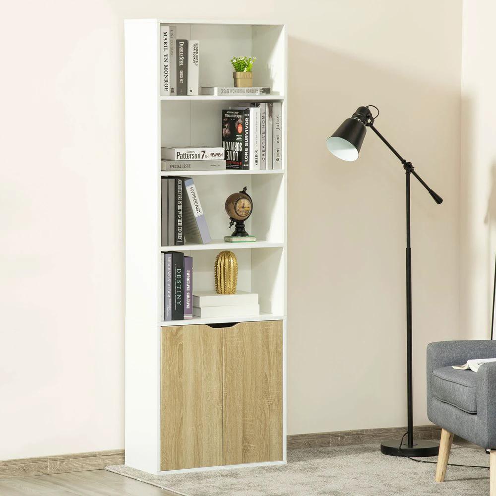 2 Door 4 Shelves Tall Bookcase Cupboard Display Unit Homcom White and Oak by HOMCOM